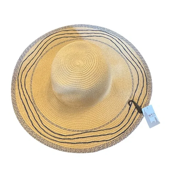 Women's Tan Wide Brim Sun Hat With Blue Trim - Picture 8 of 11